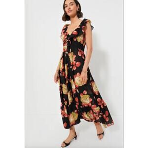 NWT The Great. Cabbage Rose The Bridge Midi Fall Dress Black Orange Size 0 XS